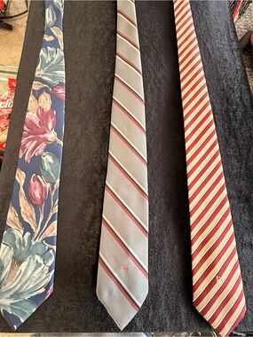 Dior Men's Tie Trio - Navy Floral, Light Gray Stripe, Red & Cream Stripe